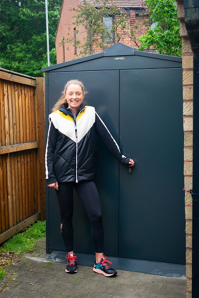 Olympic triathletes Non Stanford and Aaron Royle get the best metal storage, - an Asgard Police approved bike shed.