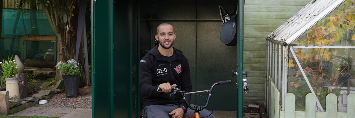 Professional BMX Racer Ross Cullen uses an SBD accredited Asgard bike storage shed